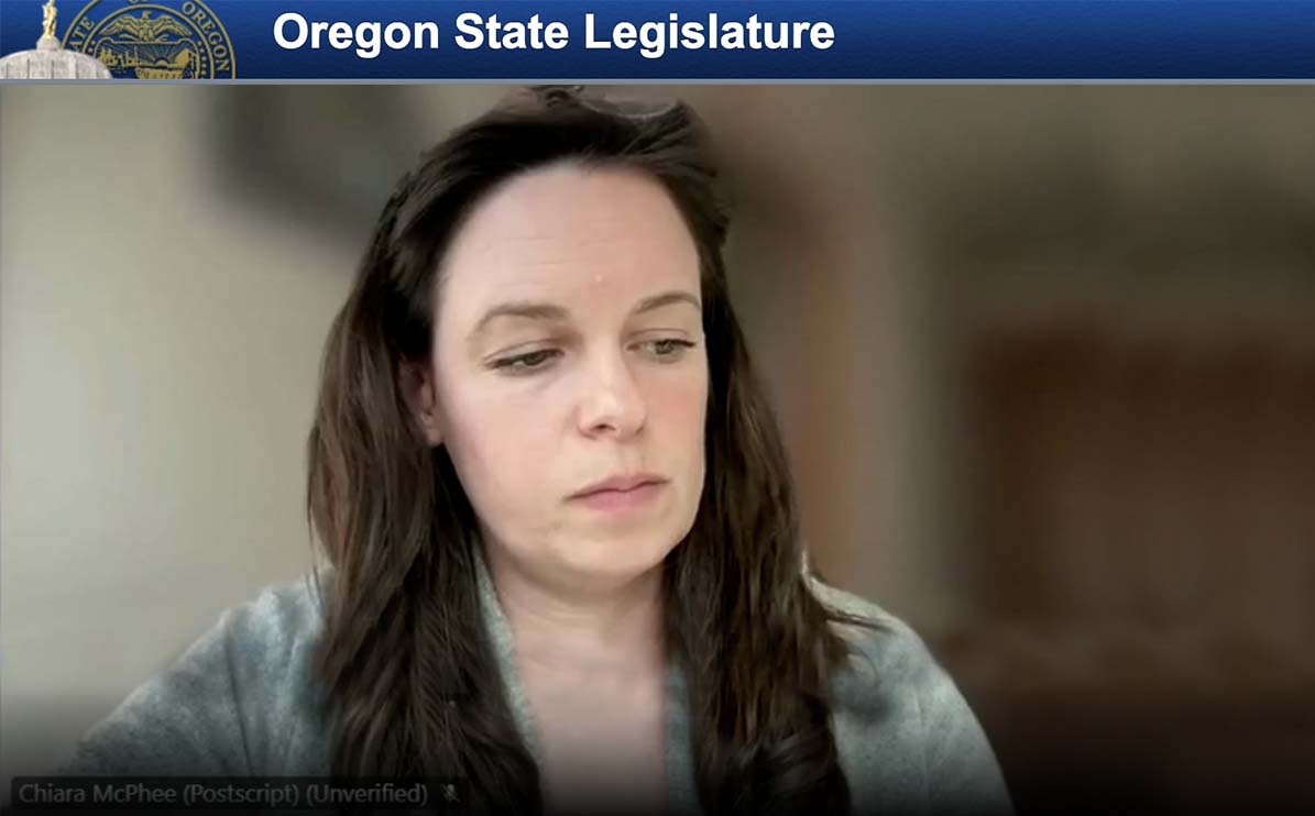 Chiara McPhee of Postscript testifying before the Oregon Senate Judiciary Committee public hearing on House Bill 3865A on April 24, 2025.