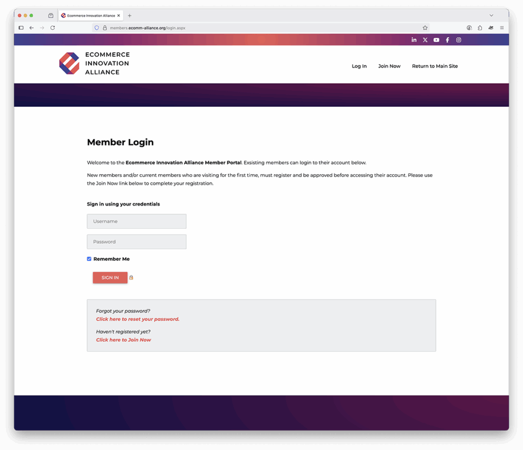 Ecommerce Innovation Alliance (EIA) member portal login page screenshot